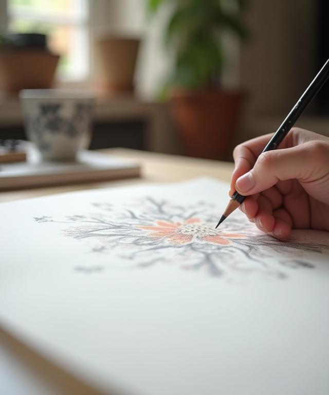 Dettaglio artistico delle mani di un designer che schizzano un nuovo modello di carta da parati nello studio di Milano.